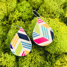Load image into Gallery viewer, Geometric Pattern Upcycled Teardrop Tin Earrings by adaptive reuse jewelry