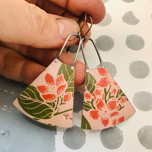Bright Pink Blossoms on Muted Pink Small Fans Zero Waste Tin Earrings