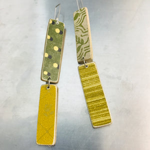 Mixed Greens & Goldenrods Pattern Rectangles Recycled Book Cover Earrings