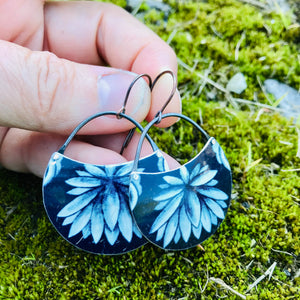 Flower Burst on Deep Blueberry Circles Upcycled Tin Earrings