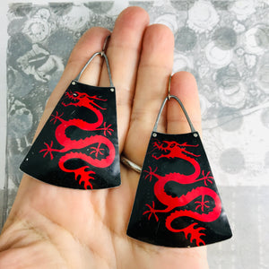 Chinese Dragons on Black Upcycled Tin Fans Earrings