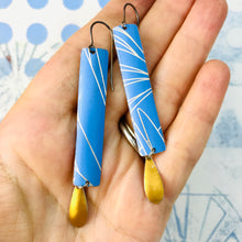 Load image into Gallery viewer, Cornflower Blue Rectangles &amp; Golden Droplets Tin Earrings