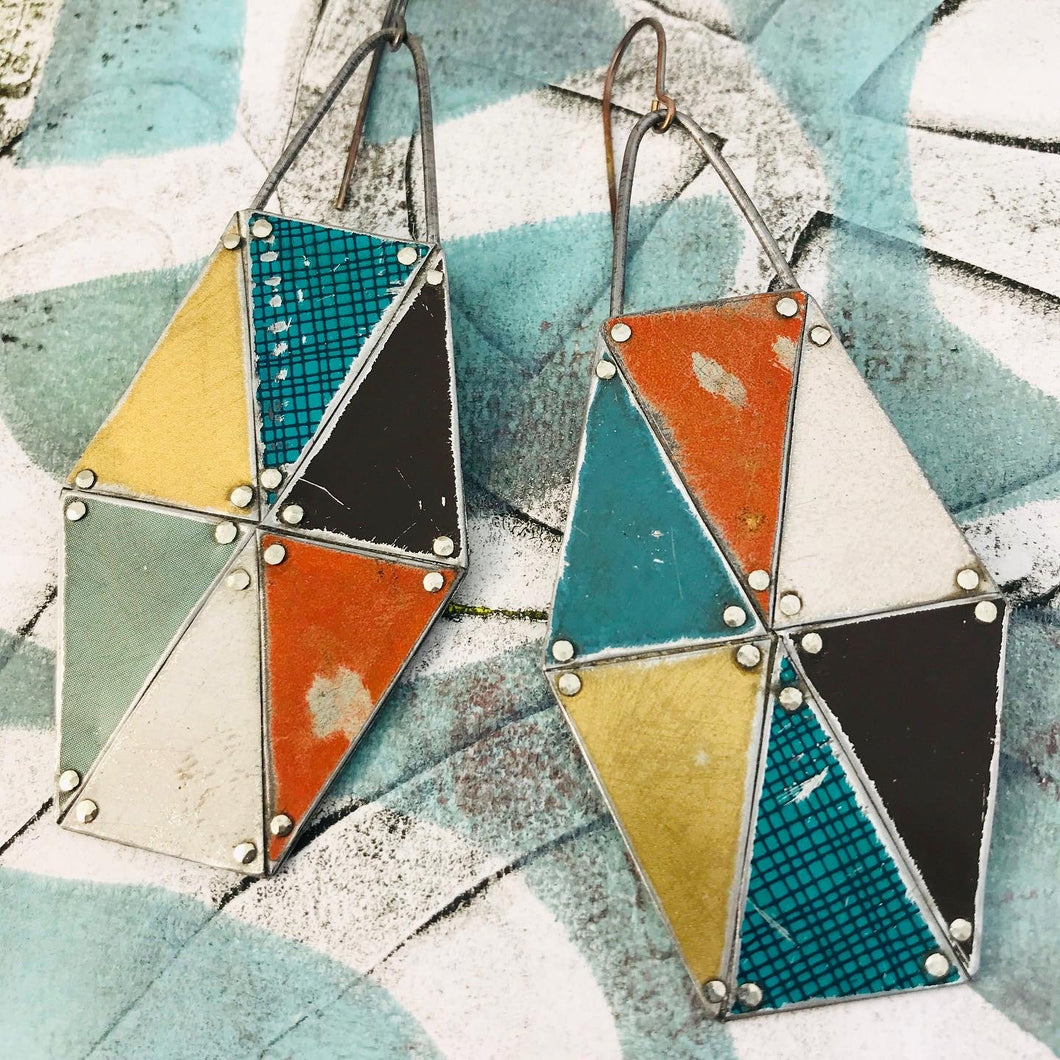 Seaside Vacation Long Hexagon Tesserae Arched Wire Tin Earrings