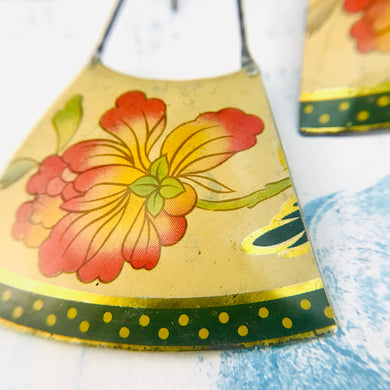 Pink Blossoms in Tea Stained Upcycled Tin Long Fans Earrings