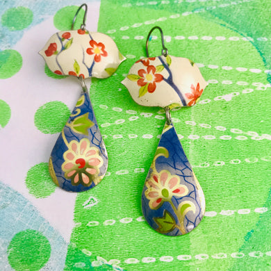 Vintage Flowers Long Blue Teardrops Zero Waste Tin Earrings