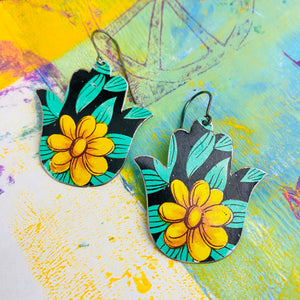 Yellow Blossoms Classic Hamsa Upcycled Tin Earrings