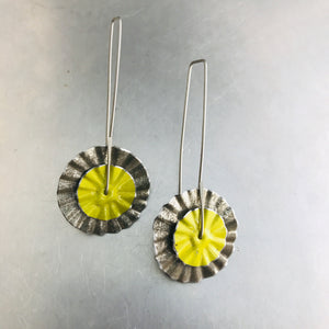 Gunmetal & Bright Green Ruffled Discs Tin Earrings by adaptive reuse jewelry