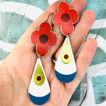 Load image into Gallery viewer, Big Red Flowers and Teardrops Upcycled Long Pod Tin Earrings