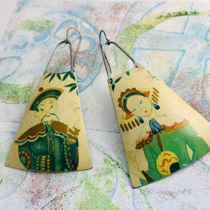 Japanese Couple Upcycled Tin Long Fans Earrings