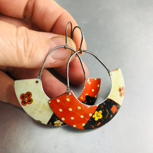 Orange Patchwork Half Moon Recycled Tin Earrings