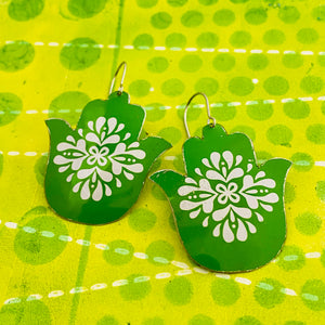 White Mandala on Bright Green Classic Hamsa Upcycled Tin Earrings