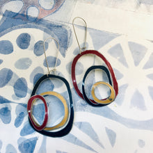 Load image into Gallery viewer, Gold, Twilight &amp; Carmine Scribbles Upcycled Tin Earrings