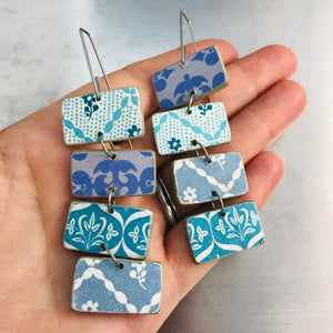 Mixed Blue Patterned Rectangles Recycled Book Cover Earrings