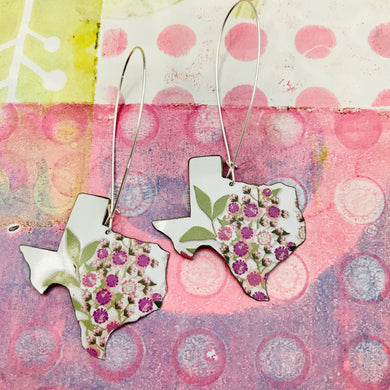 Purple Flowers on White Texas Vintage Wildflowers Upcycled Tin Earrings
