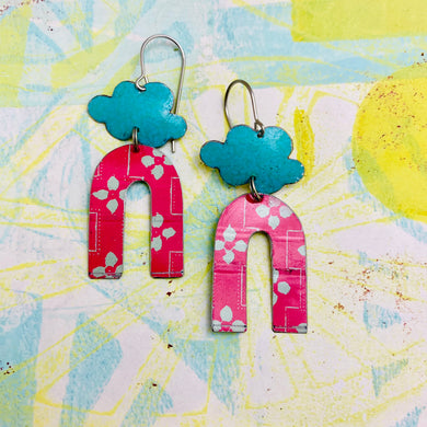 Turquoise Clouds & cerise Horseshoes Upcycled Tin Earrings