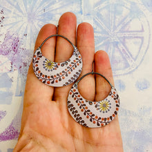 Load image into Gallery viewer, Dusty Lilac Pattern Crescent Circles Tin Earrings