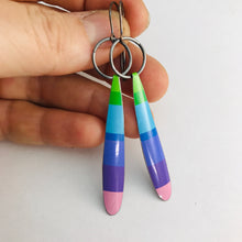 Load image into Gallery viewer, Bright Cools Rainbow Stripe Long Teardrops Upcycled Tin Earrings