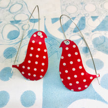 Load image into Gallery viewer, White PolkaDots on Red Birds on a Wire Upcycled Tin Earrings