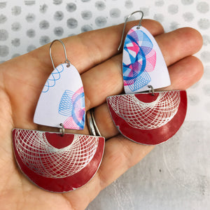 White and Red Spirograph Upcycled Tin Boat Earrings