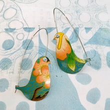 Load image into Gallery viewer, Pink Blossoms on Blue Birds on a Wire Upcycled Tin Earrings
