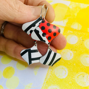 Black and White and Red Mixed Pattern Rex Ray Zero Waste Tin Earrings