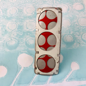 Encircled White Over Red Upcycled Tin Brooch