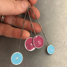 Load image into Gallery viewer, Magenta and Sky Long Dot Upcycled Tin Earrings