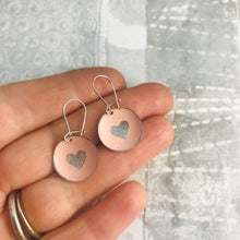 Load image into Gallery viewer, Etched Silver Heart on Soft Pink Tiny Dot Tin Earrings