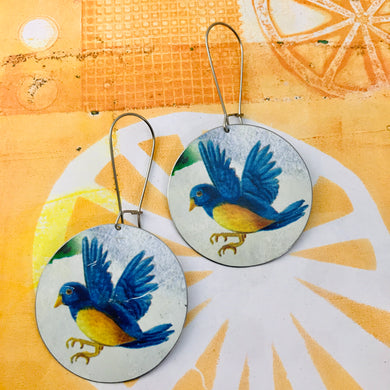 Blue Birds Big Circle Tin Earrings