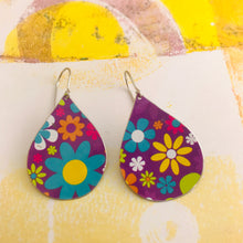 Load image into Gallery viewer, Mod Flowers on Purple Upcycled Teardrop Tin Earrings