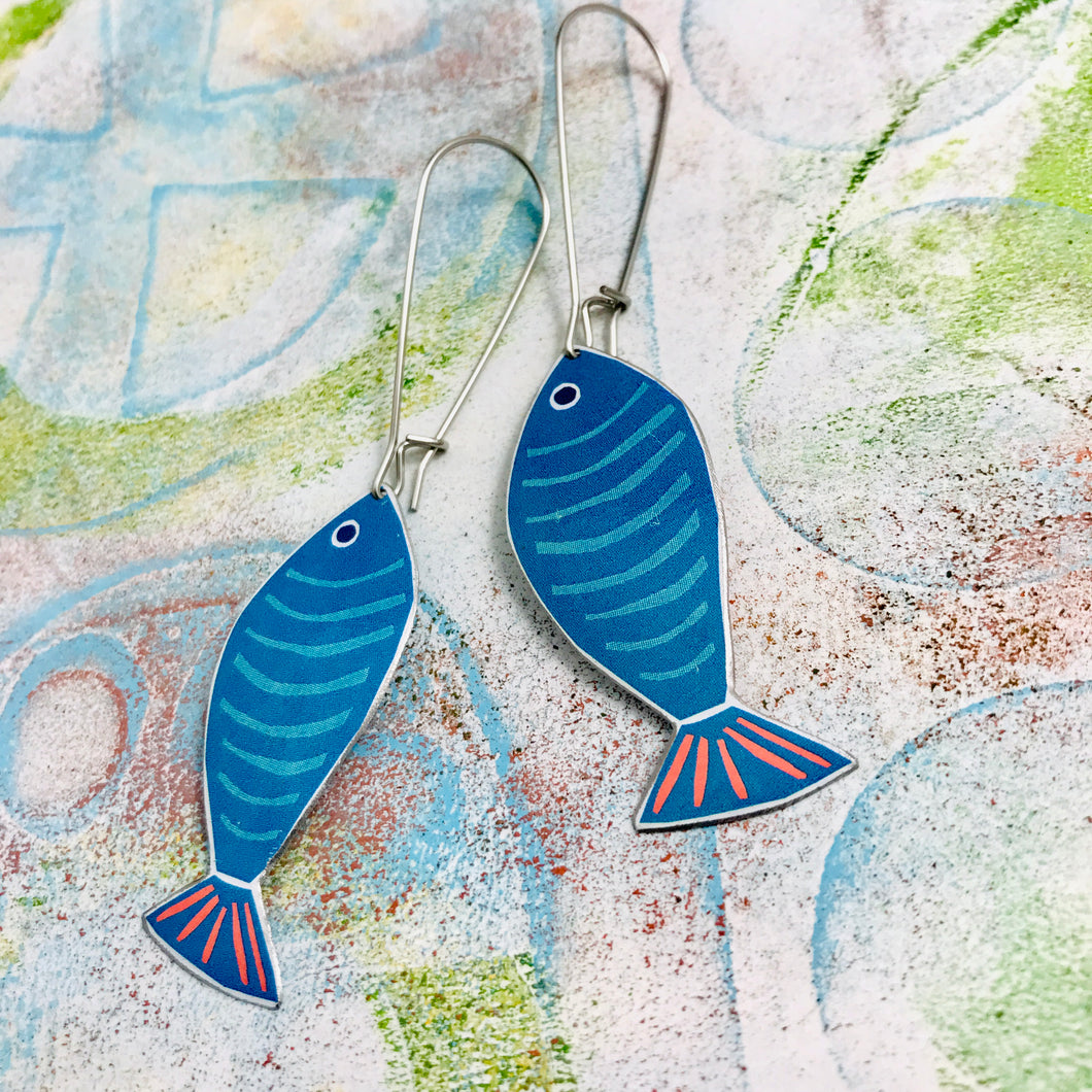 Blue Fish Upcycled Tin Earrings