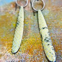 Load image into Gallery viewer, Golden Lattice Long Teardrop Upcycled Tin Earrings
