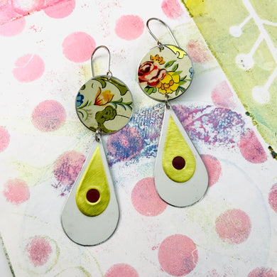 Flowers & Long White Teardrops Tin Earrings