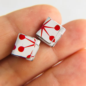 Retro Red Asterisks Folded Square Upcycled Tin Post Earrings