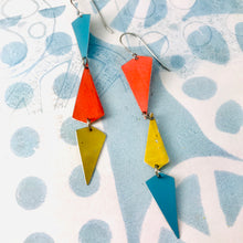 Load image into Gallery viewer, Turquoise, Gold &amp; Coral Small Narrow Kites Recycled Tin Earrings