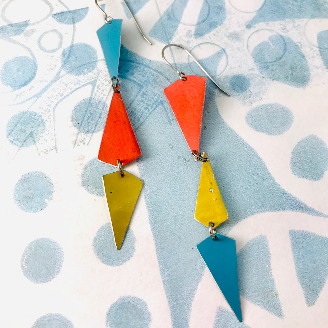Turquoise, Gold & Coral Small Narrow Kites Recycled Tin Earrings