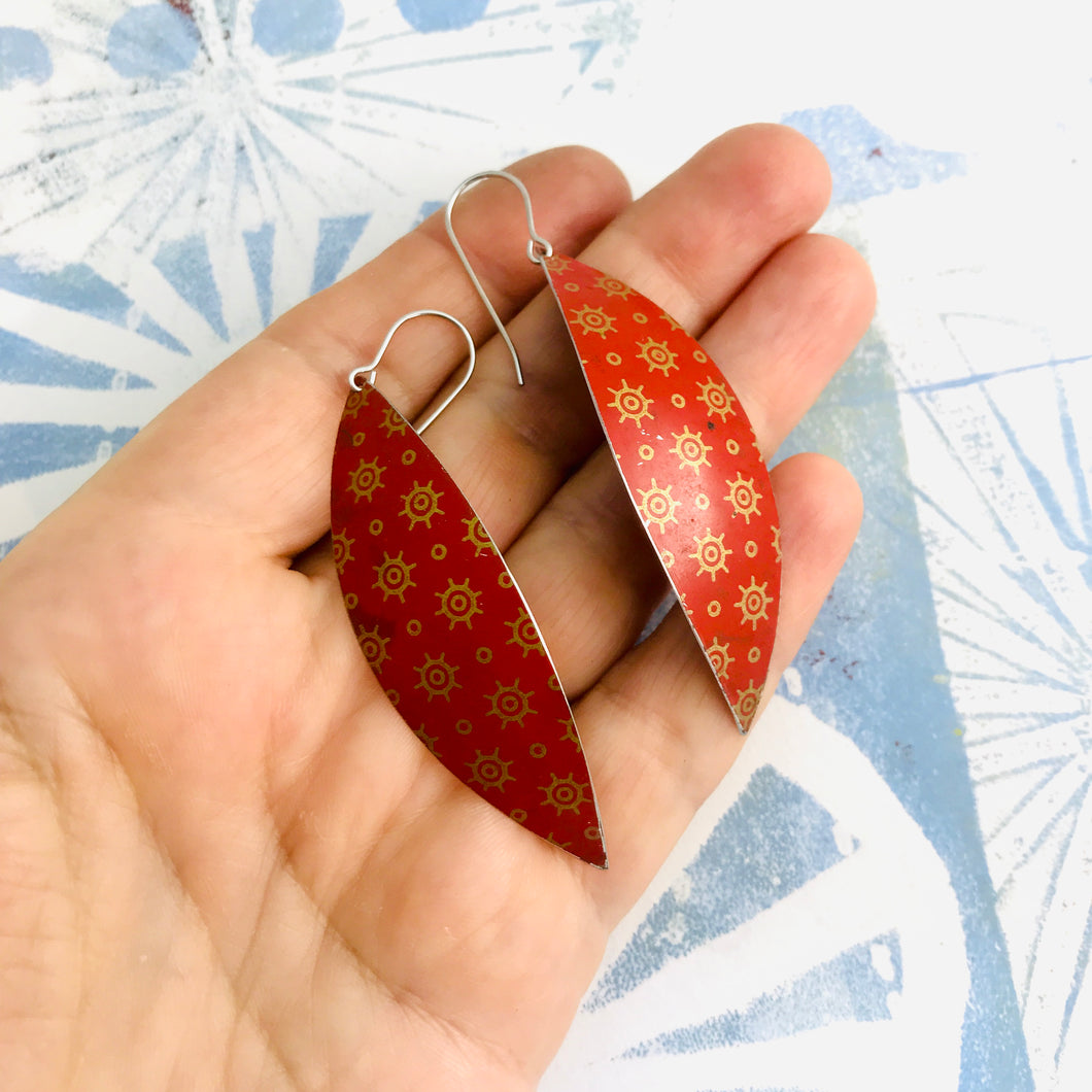 Vintage Red with Antique Gold Upcycled Tin Leaf Earrings