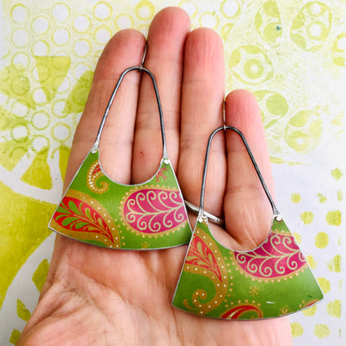 Cerise Paisleys Upcycled Tin Fan Earrings