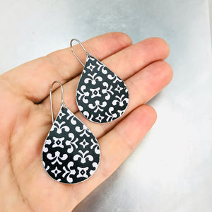 Flowery White Pattern on Black Upcycled Teardrop Tin Earrings