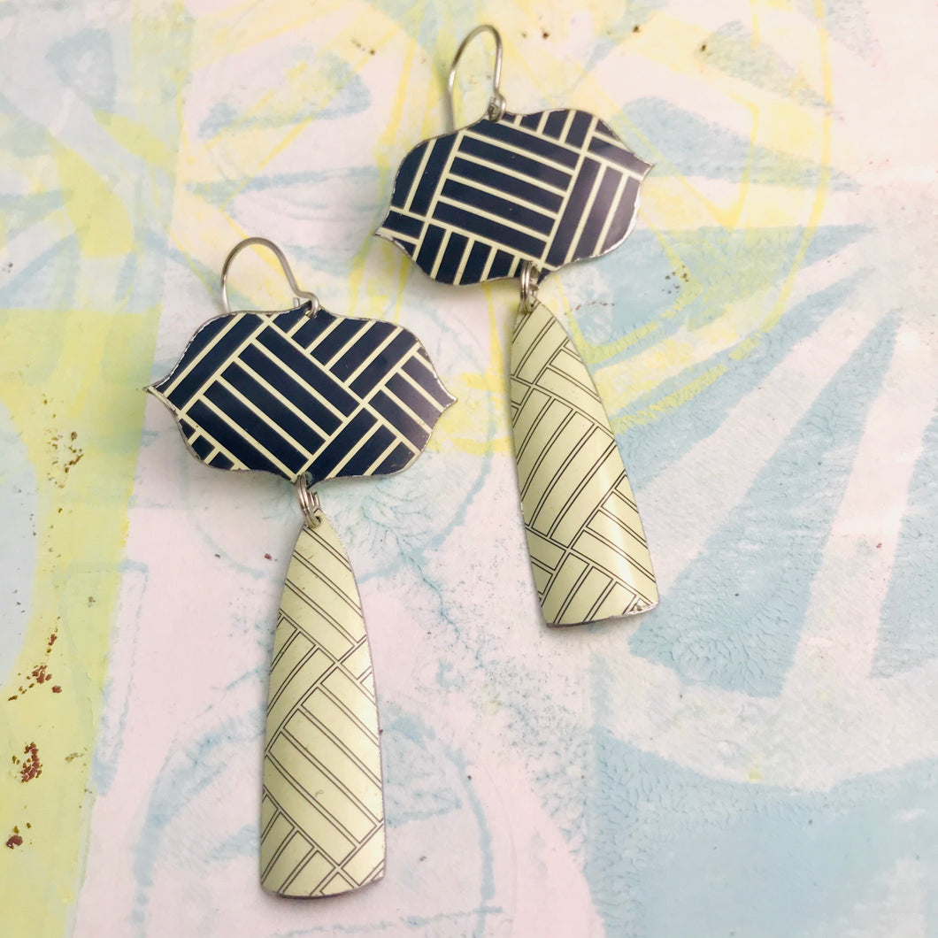 Mixed Parquet Patterns Upcycled Vintage Tin Long Teardrops Earrings