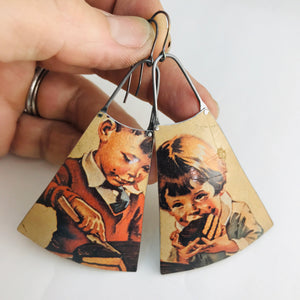 Hershey’s Chocolate Cake Kids Upcycled Vintage Tin Long Fans Earrings