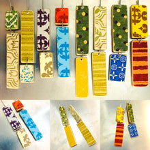 Load image into Gallery viewer, Mixed Greens &amp; Goldenrods Pattern Rectangles Recycled Book Cover Earrings