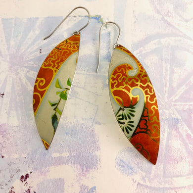 Golden Filigree on Orange Upcycled Tin Leaf Earrings