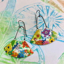 Load image into Gallery viewer, Allover Flower Fan Dangles Upcycled Tin Earrings