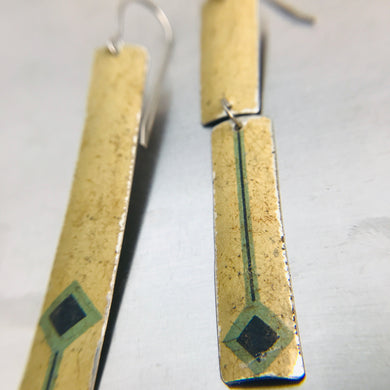 Mismatched Vintage Blue Diamonds on Cream Long Rectangle Tin Earrings