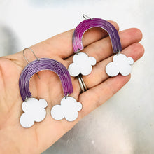 Load image into Gallery viewer, Purple Etched Rainbows with Puffy Clouds Upcycled Tin Earrings