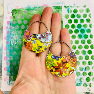Overall Flowers Crescent Circles Tin Earrings