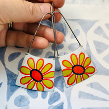 Load image into Gallery viewer, Big Golden Daisys on White Recycled Tin Earrings