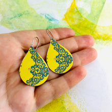 Load image into Gallery viewer, Bright Yellow Upcycled Teardrop Tin Earrings