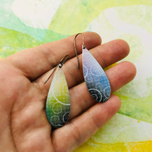 Load image into Gallery viewer, White Swirls on Charcoal &amp; Sunshine Upcycled Teardrop Tin Earrings